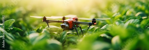 AI-Controlled Drone Spraying Crops in a Smart Farm, showcasing precision agriculture, technology, sustainability, and efficient farming. photo