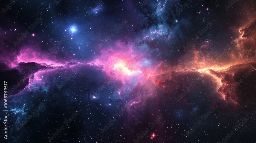 Vibrant cosmic nebula with celestial glow and interstellar clouds in deep space atmosphere Vibrant cosmic nebula with celestial glow and interstellar clouds in deep space atmosphere