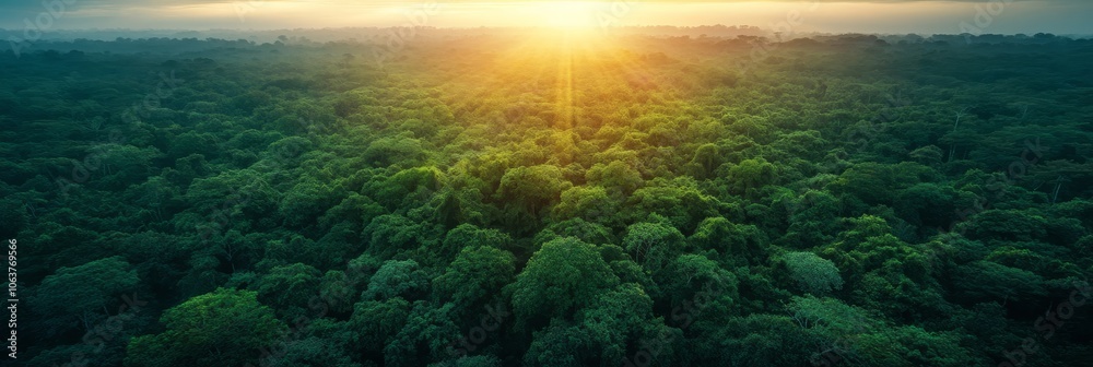 Amazon Rainforest Sunrise - A Serene Aerial View of lush green trees bathed in golden sunlight, representing nature's beauty, tranquility, and the vastness of the natural world. Amazon Rainforest Sunrise - A Serene Aerial View of lush green trees bathed in golden sunlight, representing nature's beauty, tranquility, and the vastness of the natural world.
