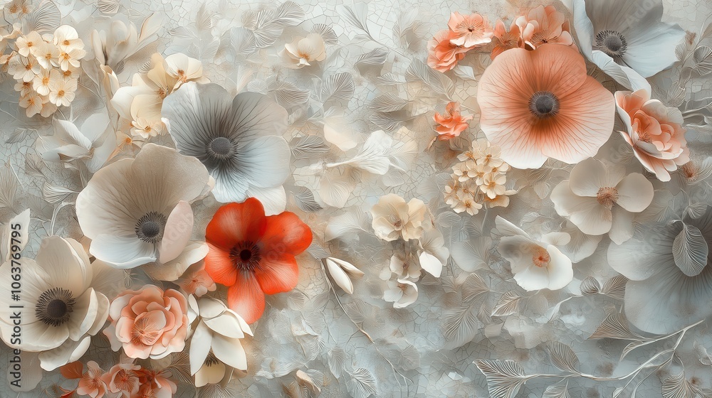 Elegant floral composition with pastel and coral blooms on textured background Elegant floral composition with pastel and coral blooms on textured background