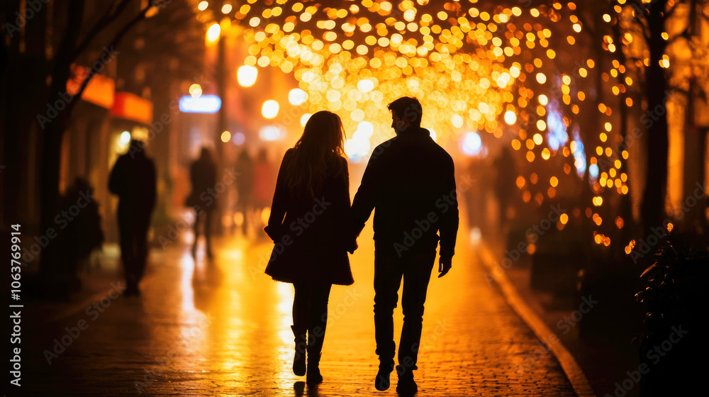 Couples strolling hand in hand down a softly lit street adorned with Christmas lights at night Couples strolling hand in hand down a softly lit street adorned with Christmas lights at night
