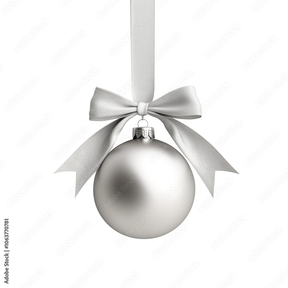 silver ribbon bow on a hanging round label on white background. Generative AI silver ribbon bow on a hanging round label on white background. Generative AI