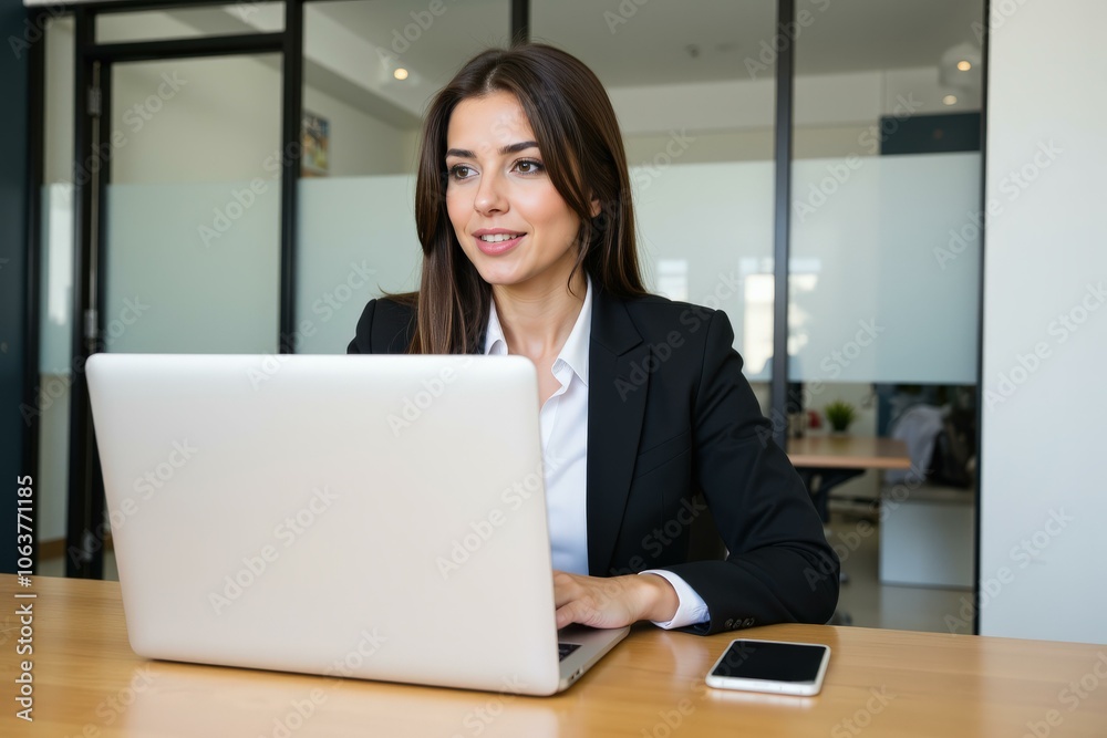 Professional Woman Using Laptop in Modern Office Setting, Focused and Confident, Representing Technology and Success Professional Woman Using Laptop in Modern Office Setting, Focused and Confident, Representing Technology and Success
