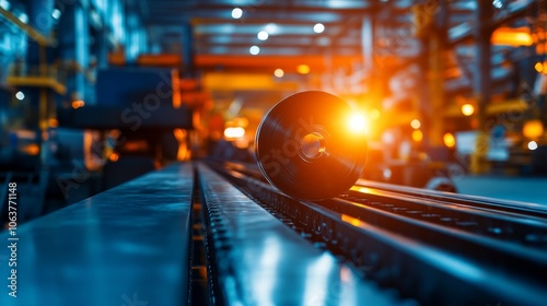 Automated steel processing machinery in action, showcasing modern industrial technology and efficiency. The image captures a close-up of a steel coil rolling along a conveyor belt, signifying the prec photo