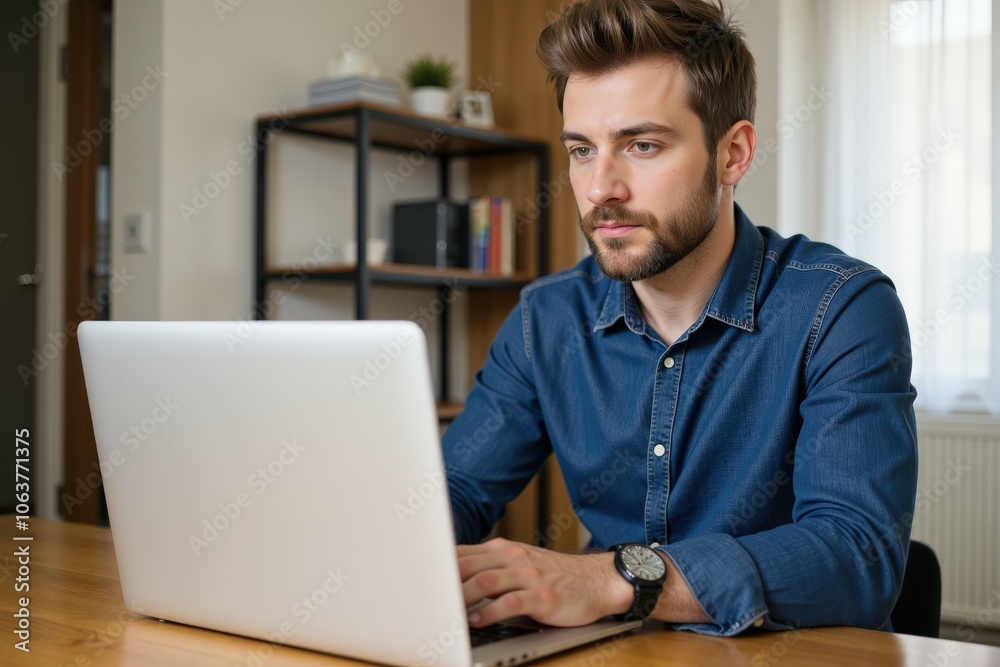 Concentrated young man working on laptop in cozy home office setting focused on digital tasks in serene environment. Concentrated young man working on laptop in cozy home office setting focused on digital tasks in serene environment.