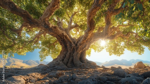 A majestic, ancient tree with gnarled branches and roots, bathed in the golden light of the setting sun, stands tall against a backdrop of distant mountains.