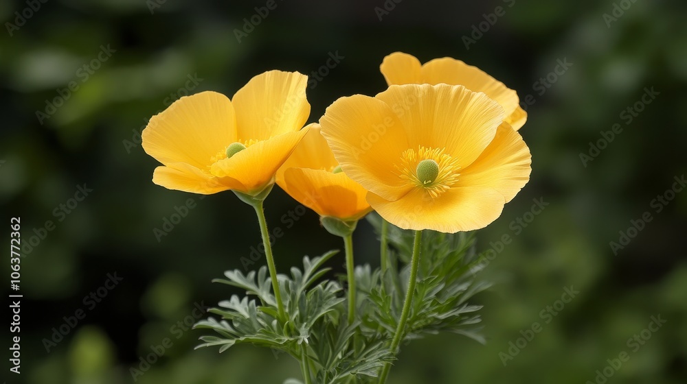 California Poppy Bloom in Full Glory, showcasing vibrant yellow petals, delicate stems, and a lush green background, symbolizing joy, sunshine, fragility, nature, and beauty. California Poppy Bloom in Full Glory, showcasing vibrant yellow petals, delicate stems, and a lush green background, symbolizing joy, sunshine, fragility, nature, and beauty.