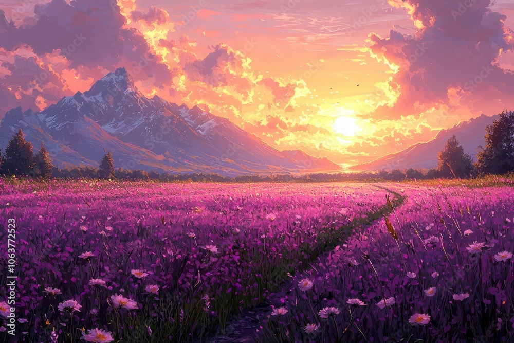 Obraz premium Sunset Over Purple Wildflower Field with Snowy Mountains in Background