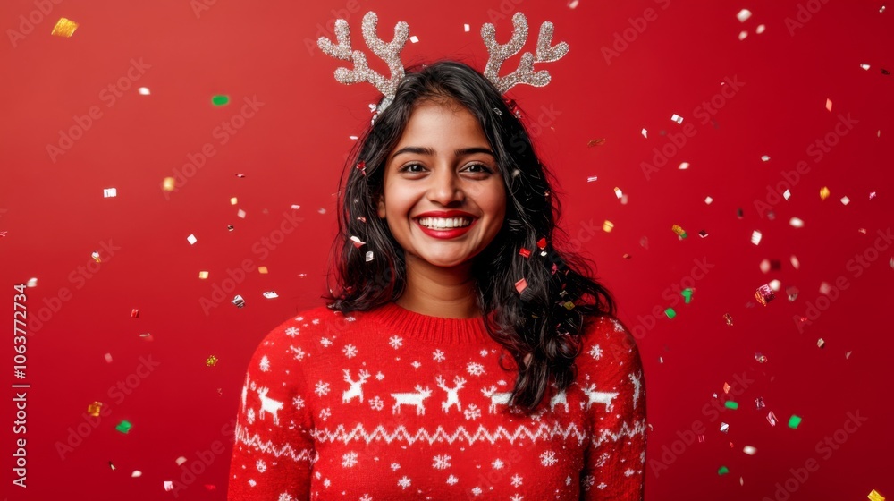 Cheerful Woman in Festive Holiday Sweater and Glittery Antler Headband with Confetti on Red Background Cheerful Woman in Festive Holiday Sweater and Glittery Antler Headband with Confetti on Red Background