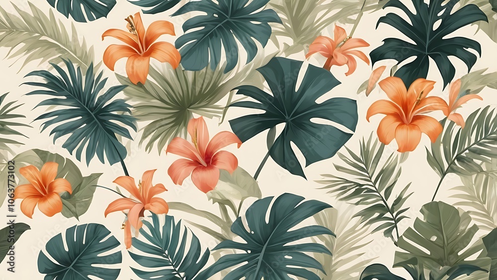 Tropical seamless pattern with floral and palm foliage on cream background Tropical seamless pattern with floral and palm foliage on cream background