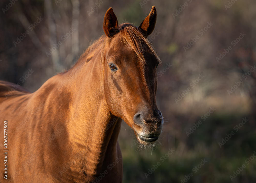 Portrait of a chestnut horse in the setting sun. Close up headshot of chestnut horse. Estonian native horses (Estonian Klepper) in the apple orchard. Portrait of a chestnut horse in the setting sun. Close up headshot of chestnut horse. Estonian native horses (Estonian Klepper) in the apple orchard.