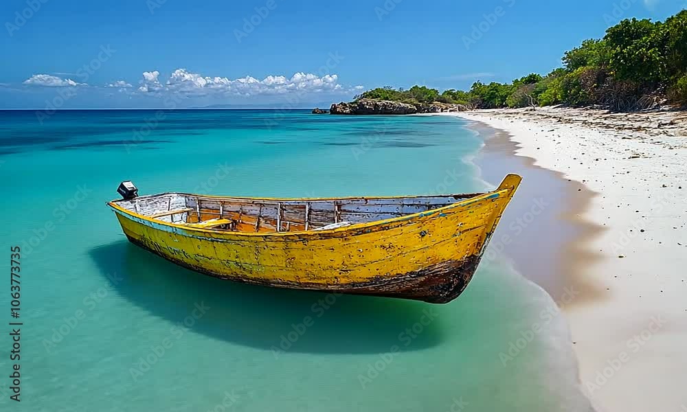 A vibrant yellow boat resting on a serene beach by turquoise waters. A vibrant yellow boat resting on a serene beach by turquoise waters.