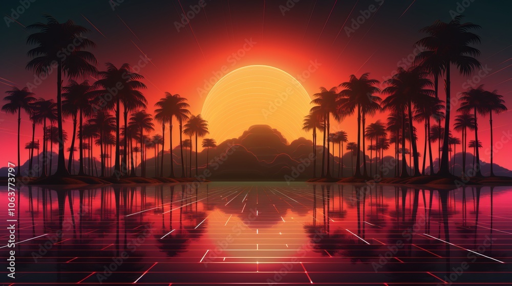 Naklejka premium Retro Palms Sci-Fi Ocean Sun Reflection Futuristic 80s Party Background with Digital Cyber Landscape