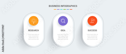 3 clean infographic design shaped elements template, symbolizing the three stages of business strategy and progression. Progress bar or timeline. Vector for presentation, web site or app.
