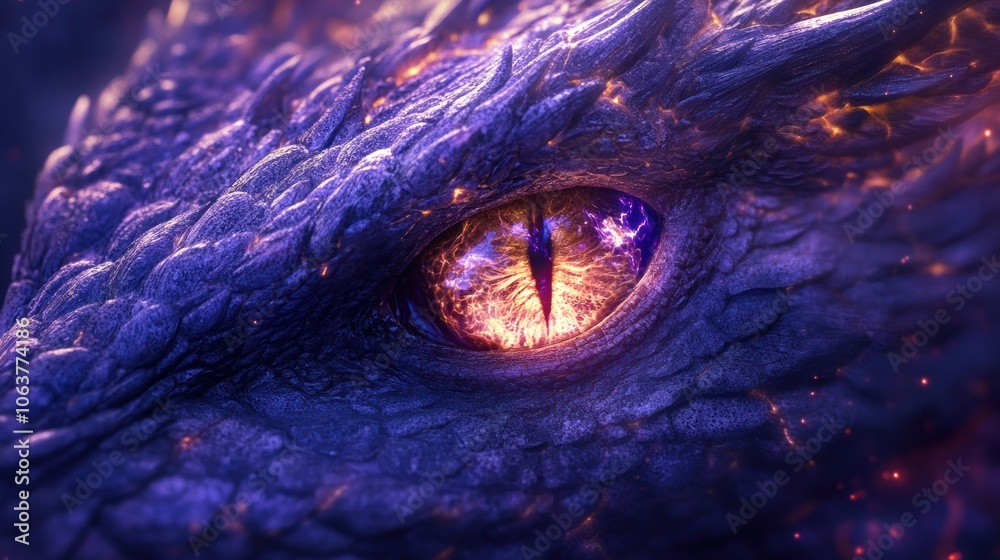 Close-up of a dragon's eye with glowing embers and a purple iris. Close-up of a dragon's eye with glowing embers and a purple iris.