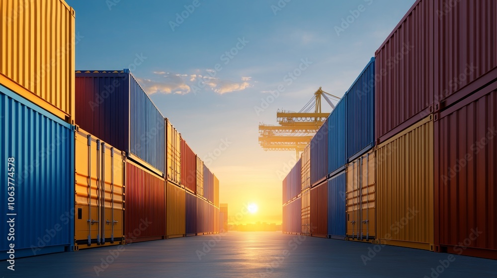 Fototapeta premium A vibrant row of colorful shipping containers in a bustling yard, showcasing the global trade and logistics industry. Sunset colors illuminate the scene, symbolizing growth and opportunity.