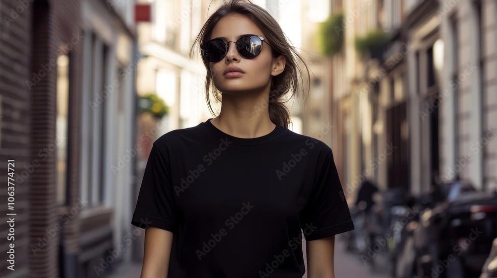 A stylish young woman in a black t-shirt and sunglasses confidently walks through a city street, radiating a cool and independent vibe. Her casual yet chic attire and relaxed demeanor embody modern ur A stylish young woman in a black t-shirt and sunglasses confidently walks through a city street, radiating a cool and independent vibe. Her casual yet chic attire and relaxed demeanor embody modern ur