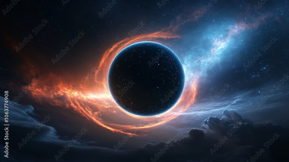 Obraz premium A mesmerizing cosmic dance unfolds with a black hole encircled by fiery orange and ethereal blue nebulas, symbolizing the captivating power of the universe, the enigmatic allure of black holes, the vi