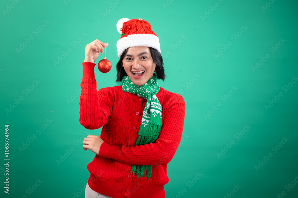 An Asian woman wearing a Santa hat, a red sweater, and a green holiday scarf smiles while holding a red Christmas ornament against a green background, radiating festive cheer An Asian woman wearing a Santa hat, a red sweater, and a green holiday scarf smiles while holding a red Christmas ornament against a green background, radiating festive cheer