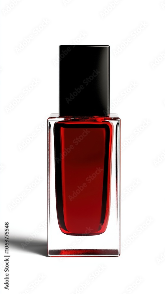 Classic red nail polish bottle with black cap on gray background. Classic red nail polish bottle with black cap on gray background.