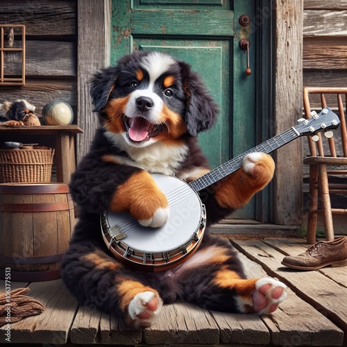 Bernese Mountain Dog Puppy Playing Banjo on Porch