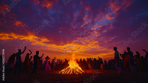 A Lohri bonfire with the evening sky painted in hues of orange and purple