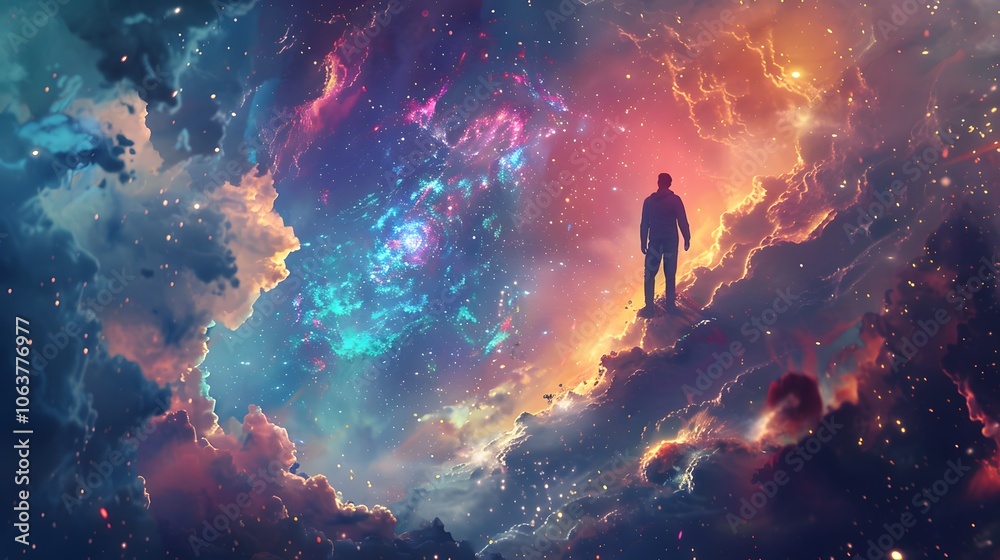Obraz premium Solitary Wanderer Amid Cosmic Explosion in Ethereal Universe