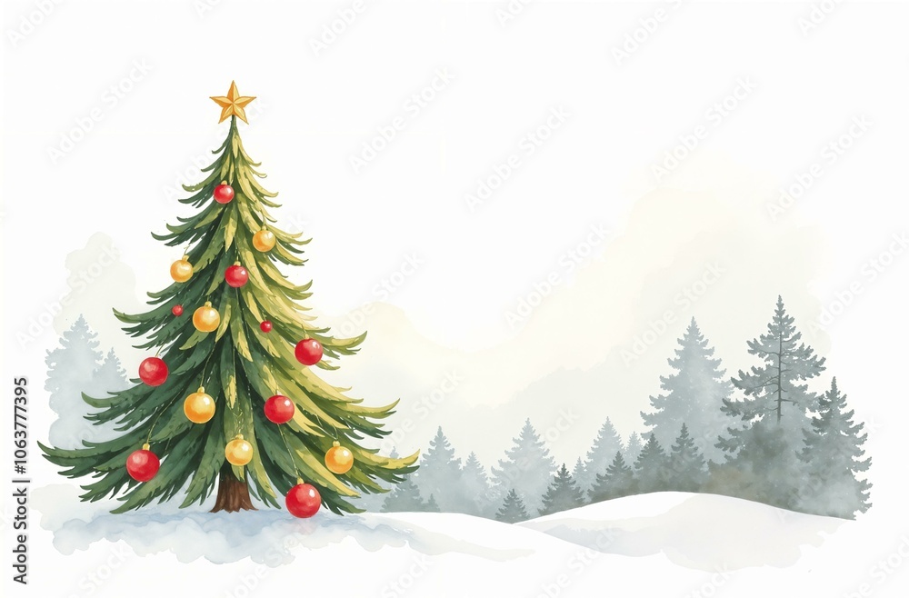 Obraz premium Decorated Christmas tree with wrapped gifts standing in the forest on the snow, New Year Eve, holiday card