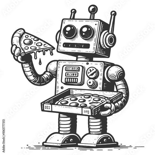 robot sitting down while eating a slice of pizza, vintage robot design with humor and playful details sketch engraving generative ai vector illustration. Scratch board imitation. Black and white image