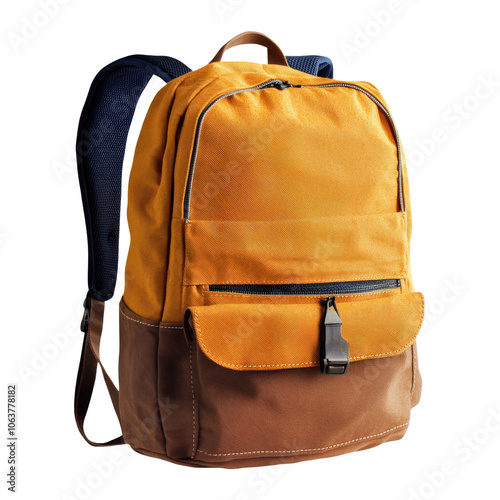 Stylish orange backpack with a brown base, perfect for school or travel, against a white isolated background.