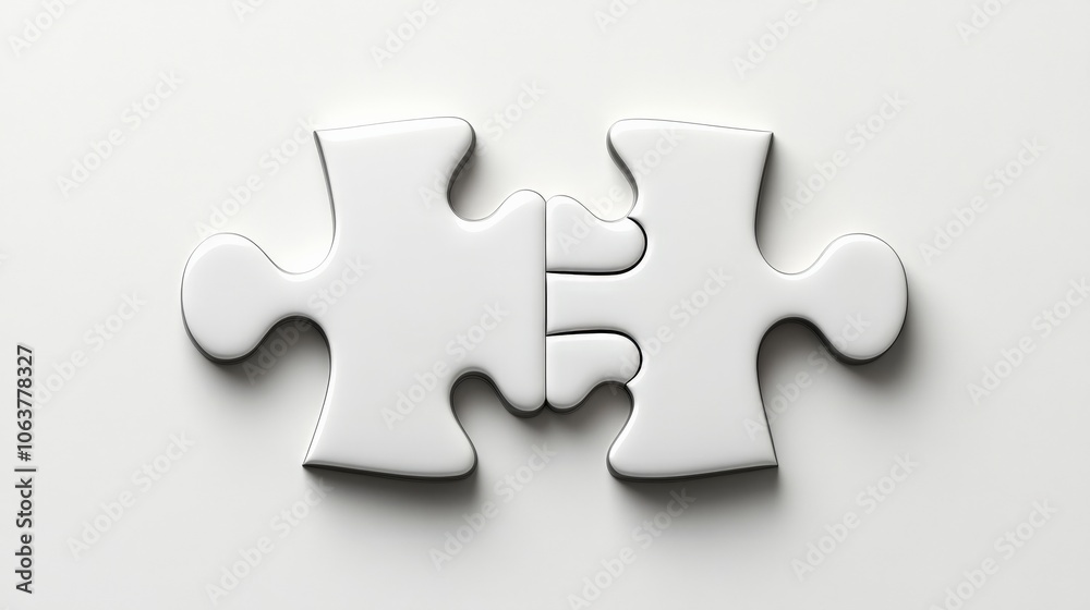 Connecting the Pieces: Two white puzzle pieces perfectly interlock, symbolizing unity, connection, and the completion of a task. A minimalist image representing collaboration and problem-solving. Connecting the Pieces: Two white puzzle pieces perfectly interlock, symbolizing unity, connection, and the completion of a task. A minimalist image representing collaboration and problem-solving.