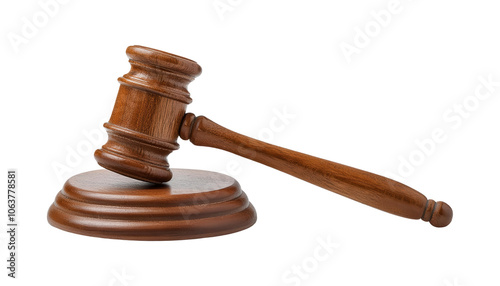 Wooden gavel on a round base, symbolizing justice and legal authority, on a white isolated background.