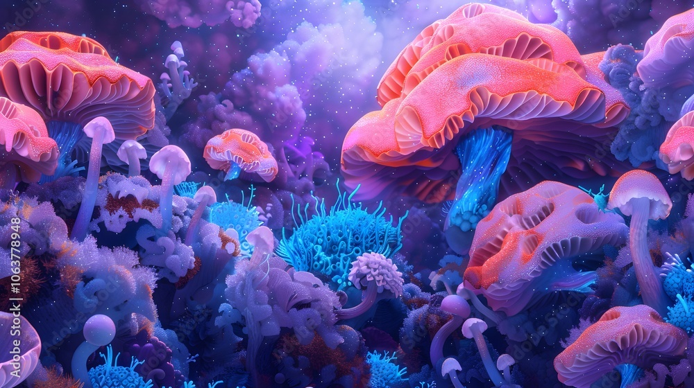 Obraz premium Vibrant Glowing Psychedelic Mushroom Forest in Surreal Fantasy Landscape