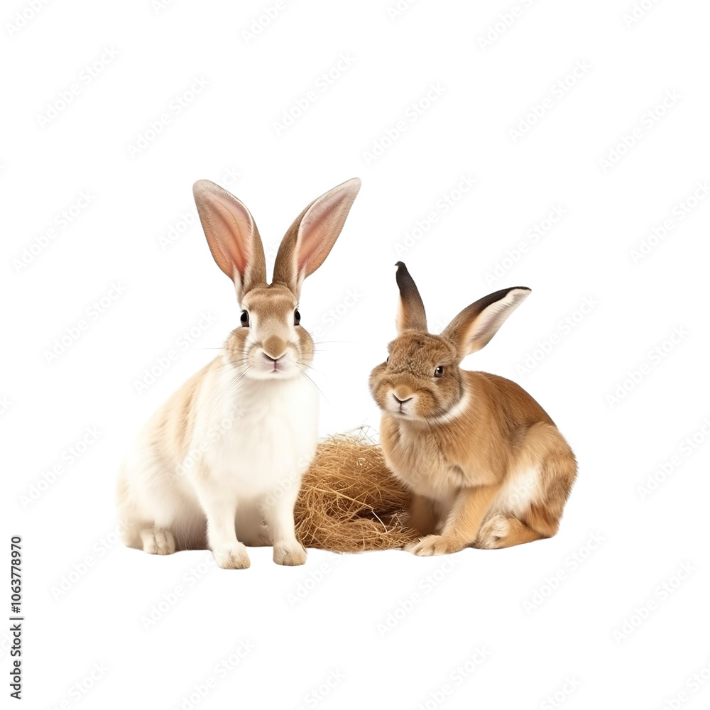 Two Cute Rabbits Sitting Side by Side on a White Background