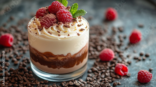 Cottage cheese and milk mousse with cocoa layered dessert topped with raspberries