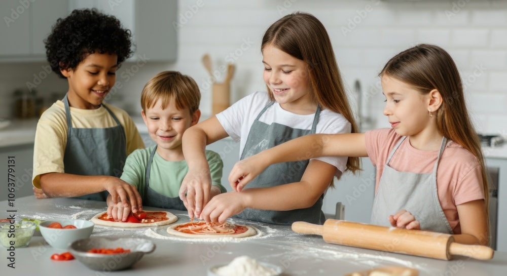 Joyful Children Preparing Homemade Pizza in Bright Kitchen Joyful Children Preparing Homemade Pizza in Bright Kitchen