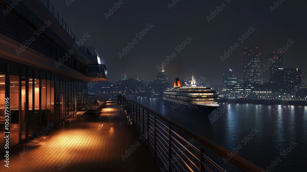 Fototapeta premium Cruise ship docked at modern city harbor at night.