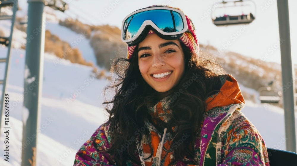 Cheerful Young Woman in Colorful Snowboarding Gear on Ski Lift at Snowy Resort on a Bright Winter Day Cheerful Young Woman in Colorful Snowboarding Gear on Ski Lift at Snowy Resort on a Bright Winter Day