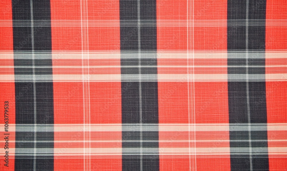 Colorful plaid fabric texture with red, black, and white stripes in a repetitive pattern. Colorful plaid fabric texture with red, black, and white stripes in a repetitive pattern.