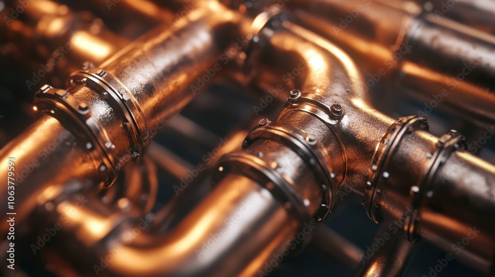 Naklejka premium A closeup view of a row of pipes positioned in a factory environment