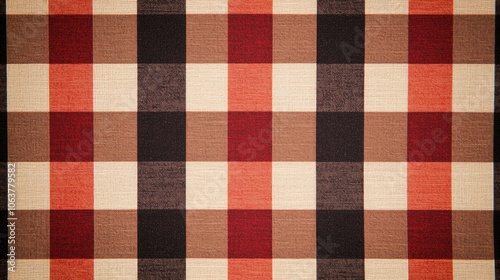 Colorful plaid pattern with alternating squares of red, black, and cream against a textured background.