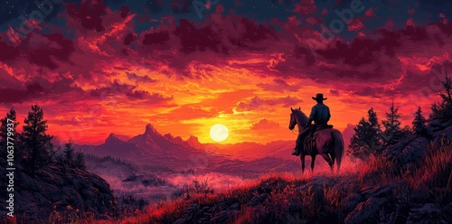 Cowboy Riding a Horse in the Desert at Sunset – Photo-Realistic Image