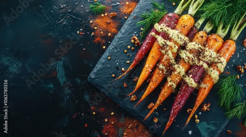 Roasted Rainbow Carrots with Tahini Drizzle: Clean, Professional Food Photography on Slate Platter, with Fresh Dill and Dukkah Spice Enhancement. photo