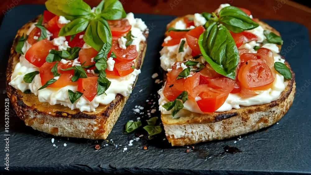 Two slices of toasted bread topped with creamy ricotta cheese, fresh diced tomatoes, and basil leaves, served on a black slate plate. Two slices of toasted bread topped with creamy ricotta cheese, fresh diced tomatoes, and basil leaves, served on a black slate plate.