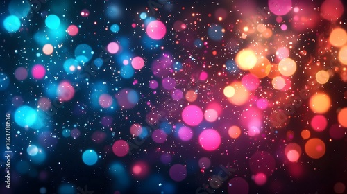 Captivating abstract image showcasing a vibrant swirling pattern of color bokeh lights in soft pink blue and red hues dancing against a deep black backdrop