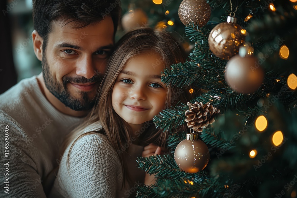 Warm holiday scene with a decorated tree and smiling child nearby. Warm holiday scene with a decorated tree and smiling child nearby.