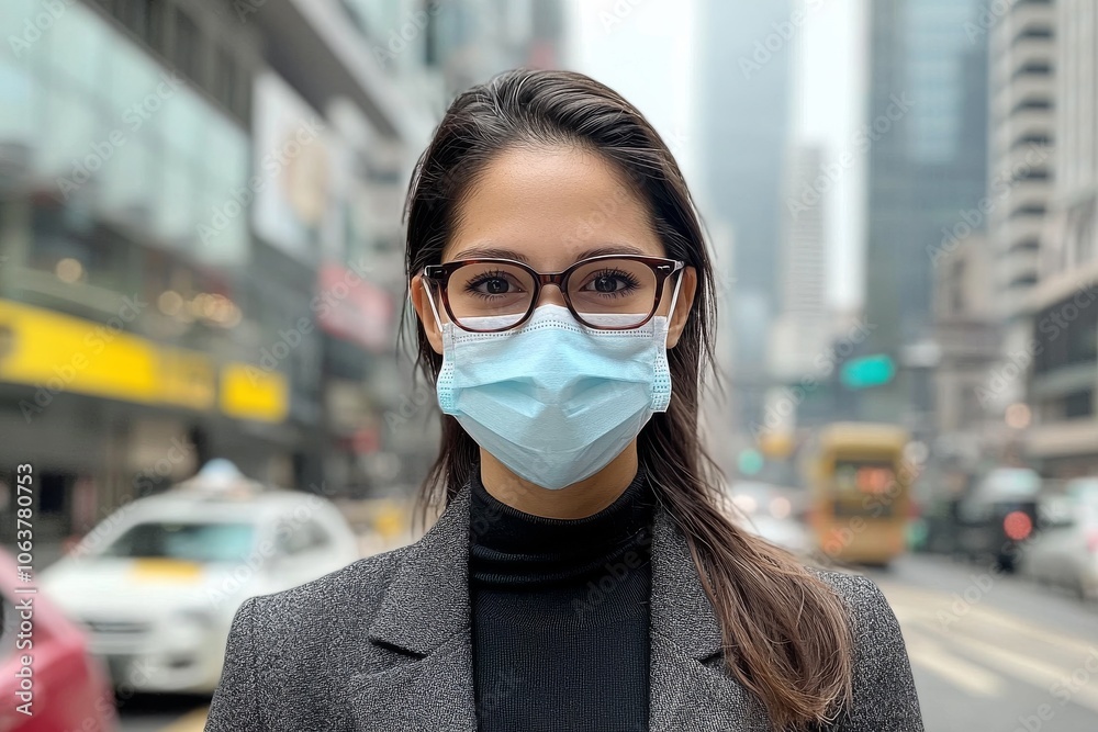 A woman wearing a face mask and glasses stands on a busy city street, surrounded by tall buildings and vehicles. A woman wearing a face mask and glasses stands on a busy city street, surrounded by tall buildings and vehicles.