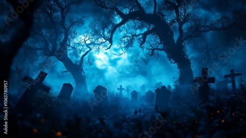 A haunting graveyard scene with tall, intricate tombstones and shadowy trees silhouetted against a misty, moonlit sky, symbolizing death, mystery, the afterlife, and the passage of time.