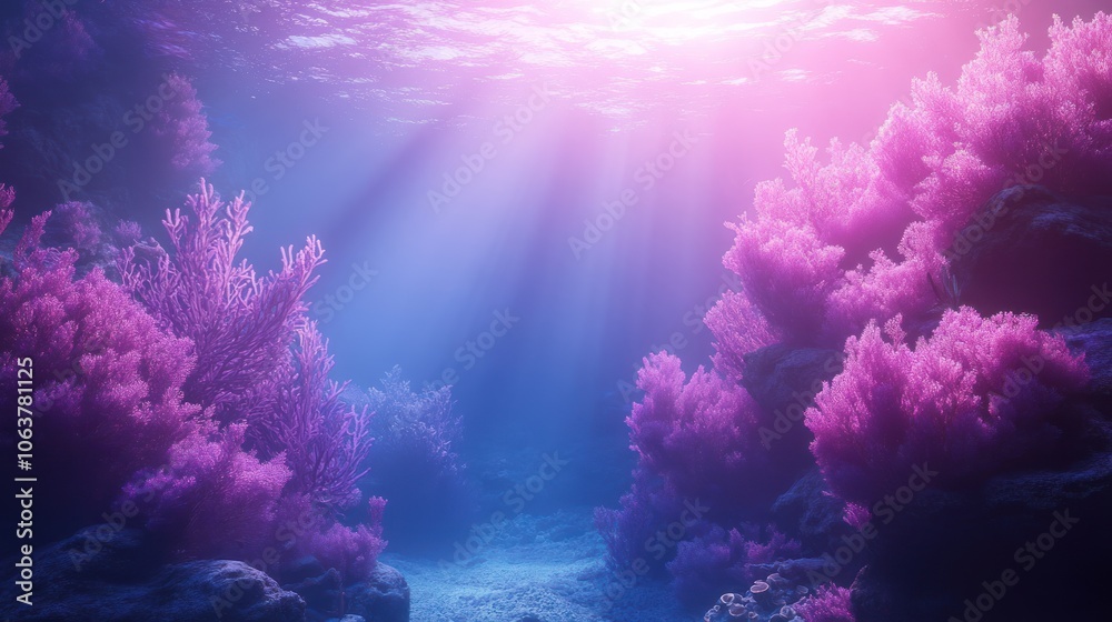 Naklejka premium Underwater scene with pink coral reefs and sunbeams shining through the water.