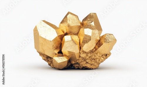 Gold crystal cluster, isolated on a white background, showcasing intricate geometric shapes and natural textures.